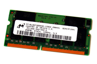 256 MB SO-DIMM 144-pin PC-133 SD-RAM CL3  Micron MT16LSDF3264HG-133G4