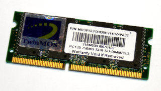 256 MB SO-DIMM 144-pin PC-133 SD-RAM CL3  TwinMOS P/N: MDSPSLF08I08H2448Z4W0/T