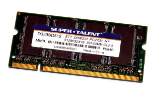 512 MB DDR-RAM PC-2700S 200-pin SO-DIMM Laptop-Memory Supertalent D333SD512