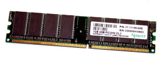 1 GB DDR-RAM 184-pin PC-3200U non-ECC CL3  Apacer P/N:77.11136.40G