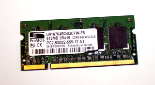 512 MB DDR2 RAM 200-pin SO-DIMM 2Rx16 PC2-5300S  ProMOS U916764B24QCFW-F5