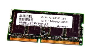 64 MB SO-DIMM 144-pin SD-RAM PC-100 CL2   Apacer 71.63361.110