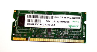 512 MB DDR2 RAM 200-pin SO-DIMM PC2-4300S CL4   Apacer P/N: 75.963AC.G200C