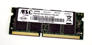 256 MB SO-DIMM 144-pin SD-RAM PC-133 CL3-3-3   MSC 764V32C3DT4DDGX-75AJSA