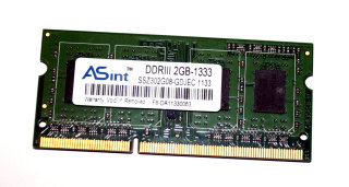 2 GB DDR3 RAM 204-pin PC3-10600S CL9  Laptop-Memory  ASint SSZ302G08-GDJEC