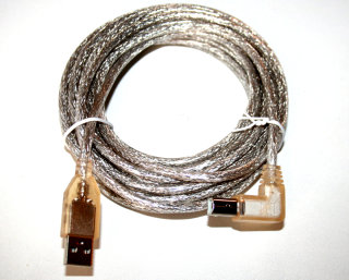 USB 2.0 Kabel, A an B links abgewinkelt, transparent, 5m   Neuware