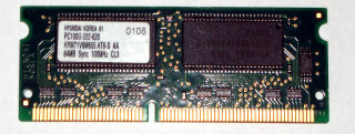64 MB SO-DIMM 144-pin PC-100 SD-RAM  CL3  Hyundai HYM71V8M655 AT6-S AA