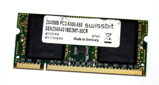 2 GB DDR2 RAM 200-pin SO-DIMM PC2-5300S CL5  Swissbit SEN25664S1BE2MT-30CR
