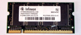 512 MB DDR-RAM 200-pin PC-2700S Laptop-Memory   Infineon HYS64D64020HDL-6-B