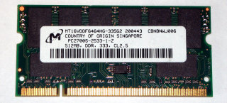 512 MB DDR RAM 200-pin SO-DIMM PC-2700S 16-Chip Micron MT16VDDF6464HG-335G2