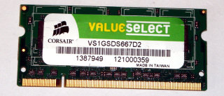 1 GB DDR2 RAM 200-pin SO-DIMM PC2-5300S Laptop-Memory  Corsair VS1GSDS667D2 (8-Chip)