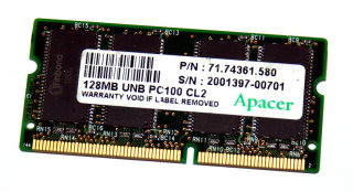 128 MB 144-pin SO-DIMM PC-100 CL2 SD-RAM Laptop-Memory  Apacer P/N: 71.74361.580