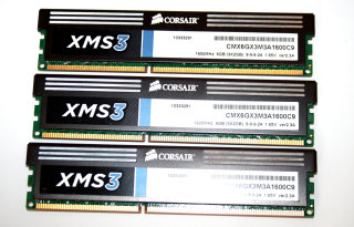 6 GB DDR3-RAM (3x2GB) 240-pin PC3-12800U XMS3 CL9 Corsair CMX6GX3M3A1600C9 Triple Channel 1,65V ver2.3A