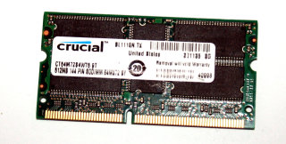 512 MB SO-DIMM 144-pin SD-RAM PC-133 ECC-Memory  Crucial CT64M72S4W75.9T