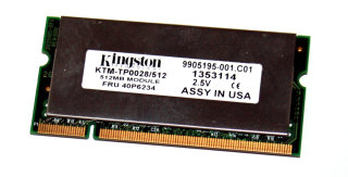 512 MB DDR-RAM 200-pin SO-DIMM PC-2100S  2.5V  Kingston KTM-TP0028/512    9905195