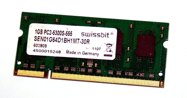 1 GB DDR2 RAM 200-pin SO-DIMM PC2-5300S CL5  Swissbit SEN01G64D1BH1MT-30R