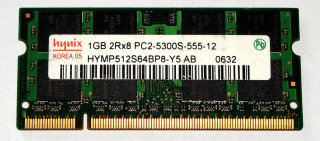 1 GB DDR2 RAM 200-pin SO-DIMM 2Rx8 PC2-5300S   Hynix HYMP512S64BP8-Y5 AB