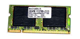 1 GB DDR RAM 200-pin SO-DIMM PC-2700S CL2.5  Swissbit SDN12864S2B42MT-60