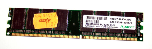 256 MB DDR-RAM 184-pin PC-3200 non-ECC CL3   Apacer P/N: 77.10636.25G