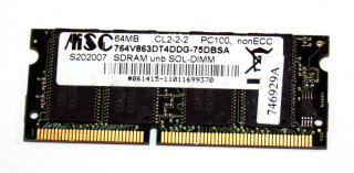 64 MB SO-DIMM 144-pin SD-RAM PC-100  CL2  MSC 764V863DT4DDG-75DBSA