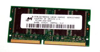 64 MB SO-DIMM 144-pin SD-RAM PC-100  CL2  Micron MT8LSDT864HG-10EG6