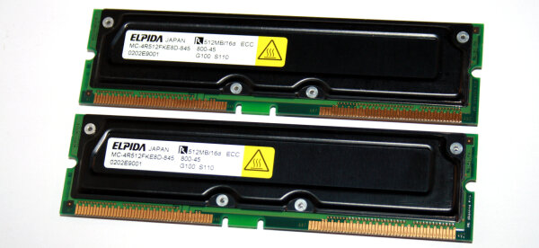 1 GB 184-pin RDRAM Kit (2x 512MB) Rambus PC800 ECC 45ns 800MHz 2x Elpida MC-4R512FKE8D-845