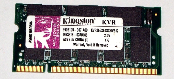512 MB DDR-RAM 200-pin SO-DIMM PC-2100S Kingston KVR266X64SC25/512   9905195