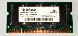 512 MB DDR RAM 200-pin SO-DIMM PC-2700S    Infineon HYS64D64020HDL-6-C