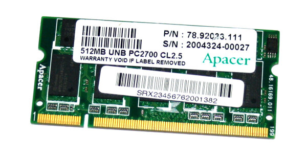 512 MB DDR RAM 200-pin SO-DIMM  16-Chip  PC-2700S  CL2.5   Apacer 78.92033.111