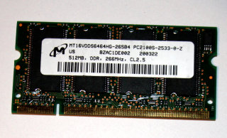 512 MB DDR-RAM 200-pin SO-DIMM PC-2100S CL2.5   Micron MT16VDDS6464HG-265B4