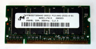 256 MB DDR RAM 200-pin SO-DIMM PC-2100S  Micron MT8VDDT3264HG-265C2
