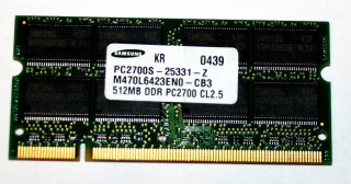 512 MB DDR-RAM 200-pin SODIMM PC-2700S CL2.5  Samsung M470L6423EN0-CB3