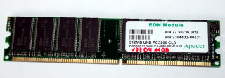 512 MB DDR-RAM PC-3200U non-ECC CL3 Desktop-Memory  Apacer P/N:77.50736.37G