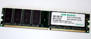 512 MB DDR-RAM PC-3200U non-ECC CL3 Desktop-Memory  Apacer P/N: 77.50736.53G