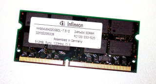 512 MB SO-DIMM 144-pin SD-RAM PC-133 CL3  Infineon HYS64V64220GBDL-7.5-D