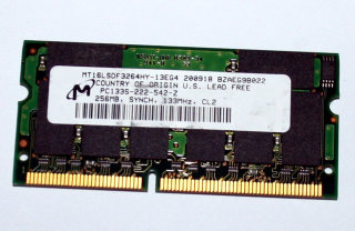 256 MB SO-DIMM PC-133 CL2 SD-RAM-Laptop-Memory  Micron MT16LSDF3264HY-13EG4 auch für Intel BX-Chipset geeignet