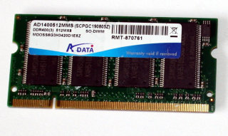 512 MB DDR-RAM PC-3200S 200-pin SO-DIMM Laptop-Memory ADATA AD1400512MMS