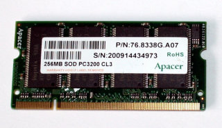 256 MB DDR RAM PC-3200S Laptop-Memory 200-pin 400 MHz  Apacer 76.8338G.A07