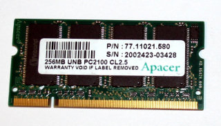 256 MB DDR RAM PC-2100S 200-pin SO-DIMM Laptop-Memory  Apacer 77.11021.580
