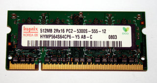 512 MB DDR2 RAM 200-pin SO-DIMM 2Rx16 PC2-5300S   Hynix HYMP564S64CP6-Y5 AB-C