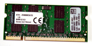 2 GB DDR2 RAM 200-pin SO-DIMM PC2-6400S  Kingston KTH-ZD8000C6/2G   9905295