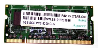 1 GB DDR2 RAM PC2-5300S 200-pin Laptop-Memory  Apacer P/N: 75.073AB.G09