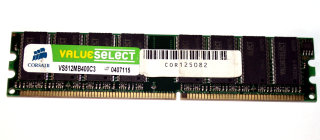 512 MB DDR-RAM  PC-3200U non-ECC 400 MHz  Corsair VS512MB400C3 double-sided